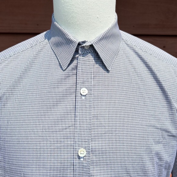 Theory Men's Dress Shirt Size L Gray Mini Check Long Sleeve Slim Fit Button Down - Picture 1 of 5